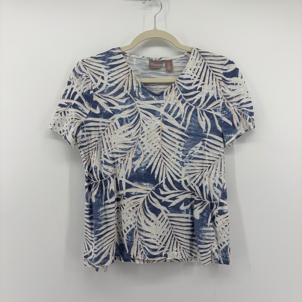 Chicos Size 0 / S Blue Tropical Palm Leaf Print Slub Cotton V-Neck T-Shirt Top